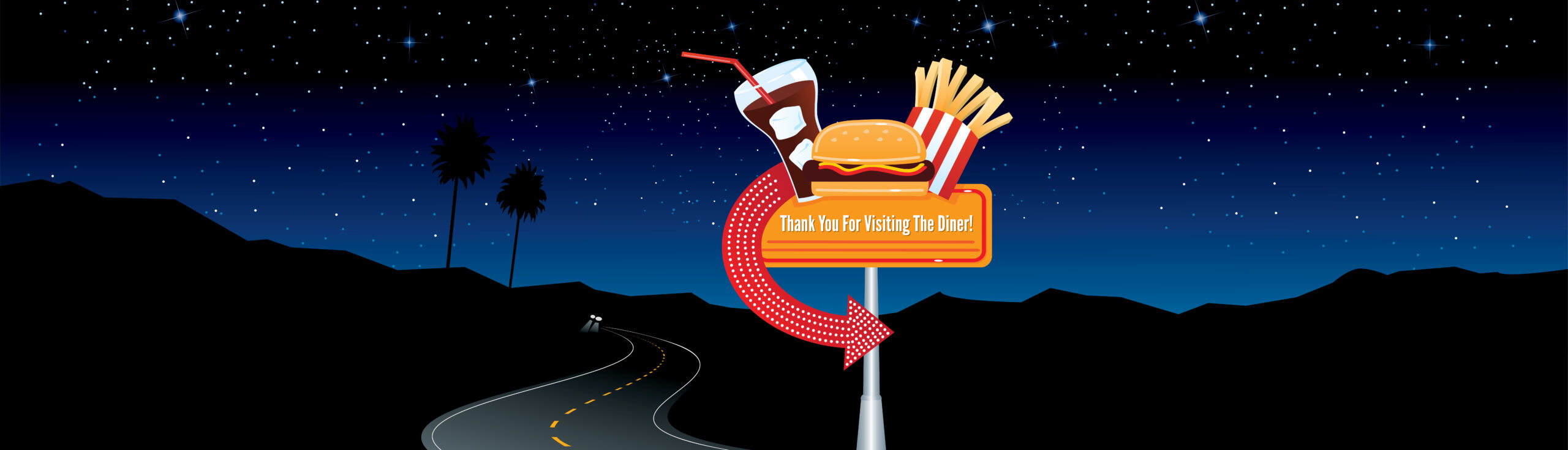 PICA Marketing Diner landing page slider 2022. Illustration of night scene with mountains in background and car driving down road and diner sign in foreground reading, 